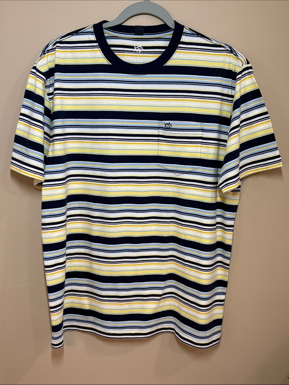 Southern Tide Navy, Yellow & White Striped Short-Sleeve Pocket Tee, M